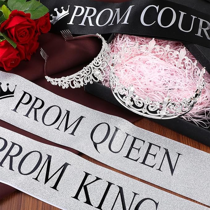 Saintrygo 12 Pcs Prom Crown and Sash Set, Prom King and Queen Tiara Rhinestone Crown Glitter Court Royal Satin Sash for 2026 Graduation Ball Dance Night Party Birthday Accessory(Silver,Stylish)