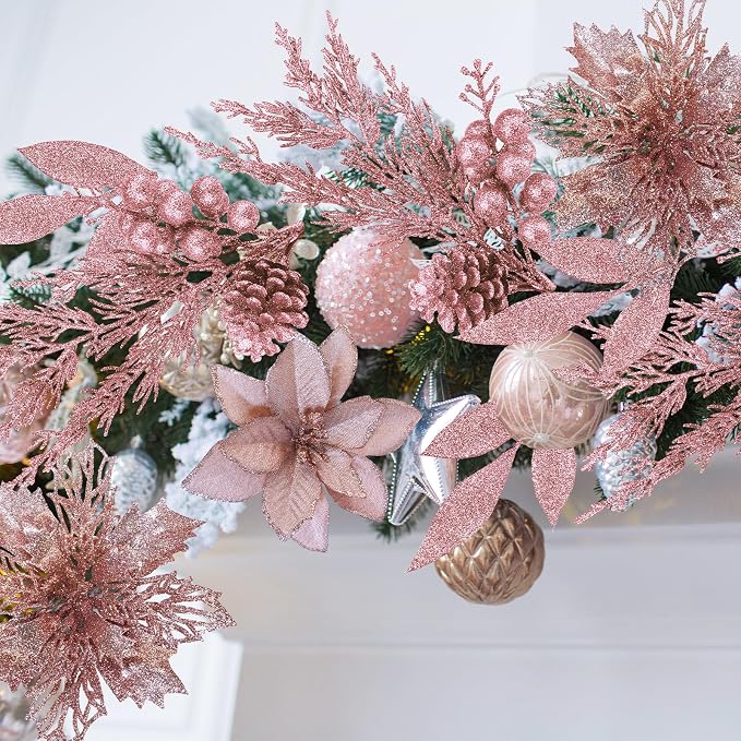 Winlyn 35 Pcs Christmas Artificial Poinsettia Flowers Picks and Artificial Leaves Sprays Rose Gold Glitter Christmas Floral Picks for Rose Gold Christmas Tree Wedding Holiday Decor Centerpiece Wreath