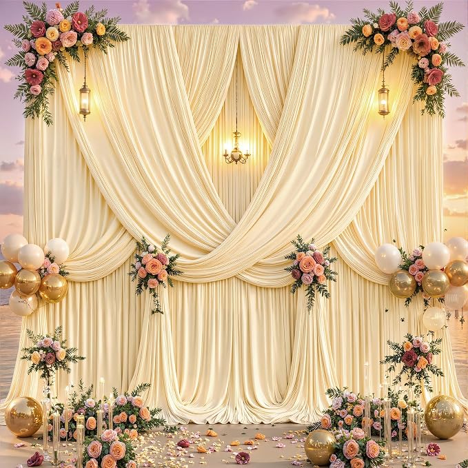 10ftx12ft Wrinkle Free Champagne Backdrop Curtain, 2 Panels 12FT Long Wedding Photo Backdrop Drapes, Silky Polyester Back Drop Cloth for Birthday Photography Background Party Backdrop Draping