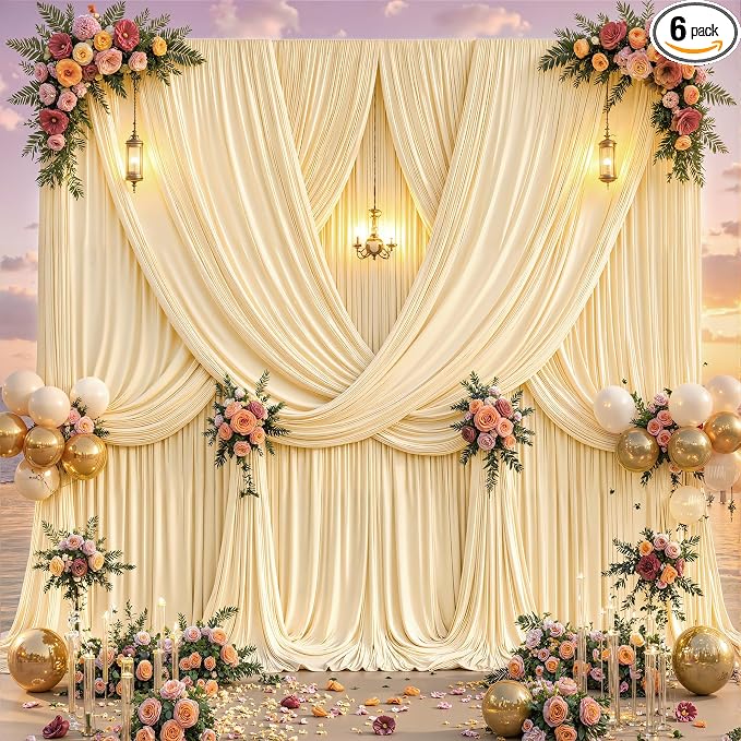30ftx12ft Wrinkle Free Champagne Backdrop Curtain, 6 Panels 12FT Long Wedding Photo Backdrop Drapes, Silky Polyester Back Drop Cloth for Birthday Photography Background Party Backdrop Draping