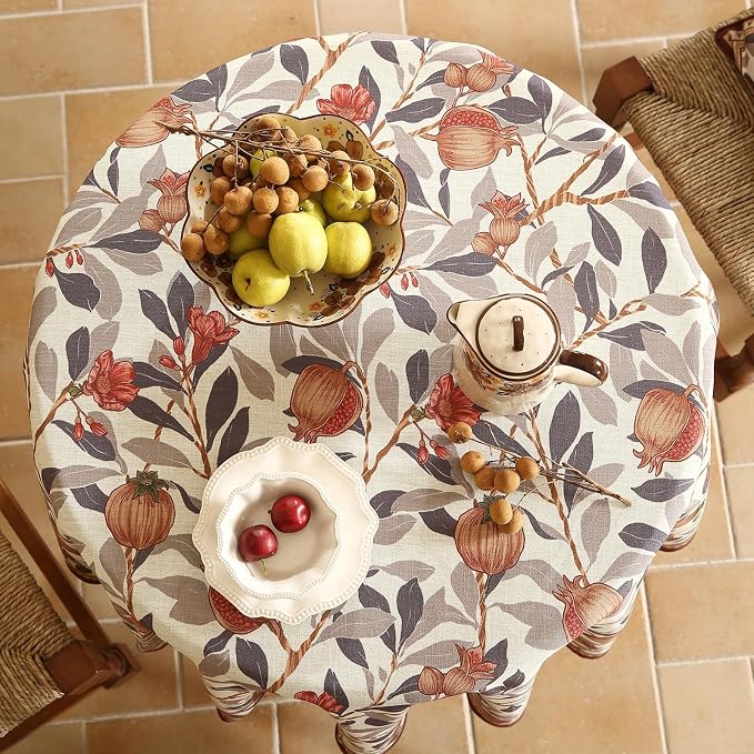 patdrea Vintage French Linen Tablecloth,Round,Diameter 55" | Elegant Beautiful Table Cloth for Round Table,Natural Floral Block Print,for Dining Room Tea Party Thanksgiving