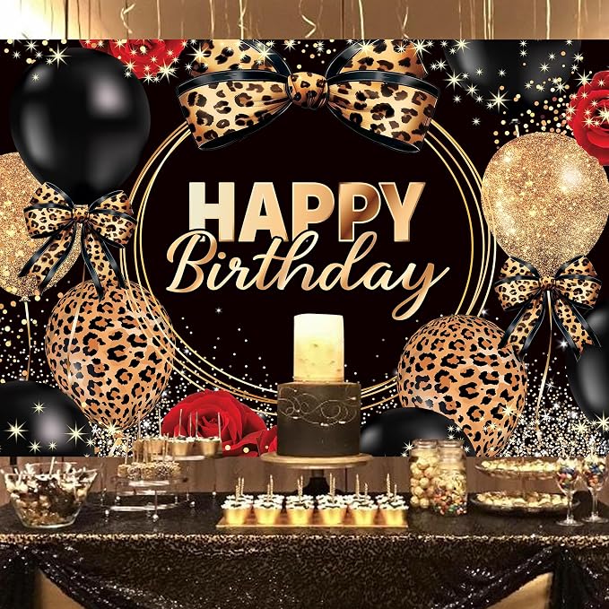 Leopard Print Bow Happy Birthday Backdrop 7Wx5H Feet Polyester Fabric Black Gold Red Rose Cheetah Print Bownot Decoration Cool Balloon for Women Girl Photography Background Photo Shoot Props
