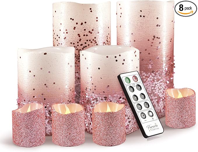 FURORA LIGHTING Pink Glitter LED Candles, 8-Pack Set with Remote & Timer | Includes 4 pillars and 4 votives. Beautiful pink starry glow perfect for bedrooms, vanity tables, and decor.