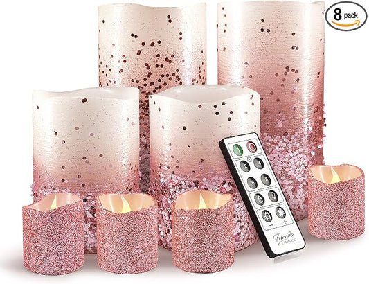 FURORA LIGHTING Pink Glitter LED Candles, 8-Pack Set with Remote & Timer | Includes 4 pillars and 4 votives. Beautiful pink starry glow perfect for bedrooms, vanity tables, and decor.