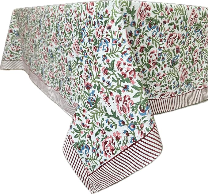 ATOSII Ambrosia 100% Cotton Boho Rectangle Spring Tablecloth, Handblock Floral Print Table Cloth Linen for Kitchen Dining I Parties Outdoors Weddings Easter Picnics I 72 X 108 Inches I 8 Seater