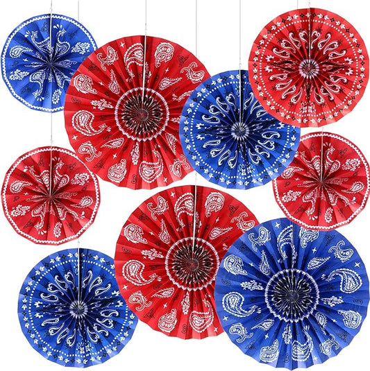 Outus 27 Pcs Western Party Decorations Paper Fans Wild West Bandana Hanging Paper Fans Ceiling Wall Garland for Western Cowboy Themed Party Decorations (Red/Blue)