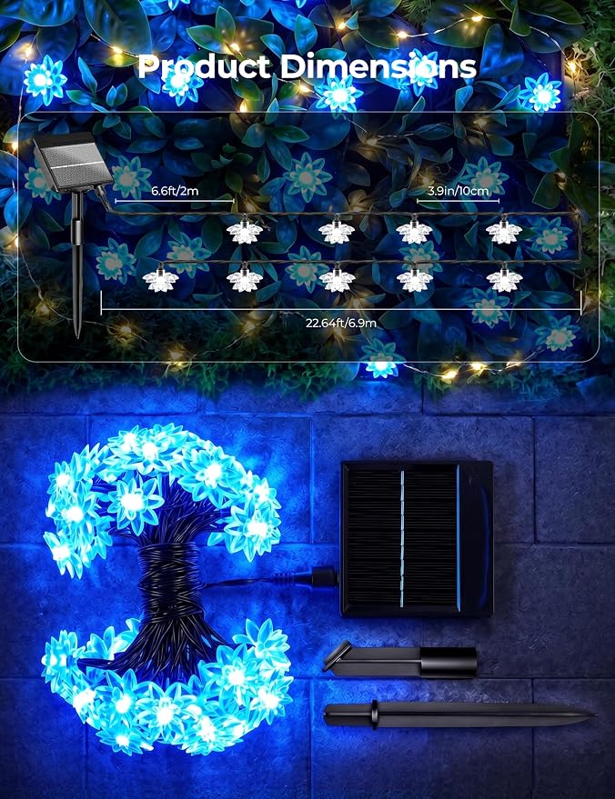Brightown 50 LED Blue Flower Solar String Lights for Outside, 23FT Solar Christmas Lights Outdoor with 8 Modes, Fairy Lights Decorative for Yard Garden Fence Porch Tree Party Wedding