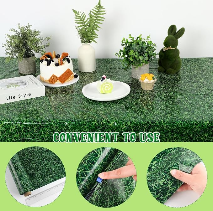 Kochorie 54 Inch x 100 Ft Grass Plastic Table Cloth Roll Disposable Waterproof Football Field Table Cover Plastic Table Cover Roll with Easy Slide Cutter for Jungle Party/Sport/Outdoor Picnic