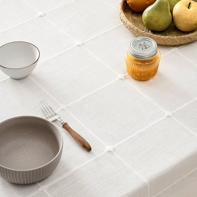 ZeeMart Boho Grid Table Cloth with Tassels (Off White, 52" x 52"), Heavy Weight Linen Checked Embroidered Farmhouse Tablecloth, Water Resistant Square Ivory Tablecloths
