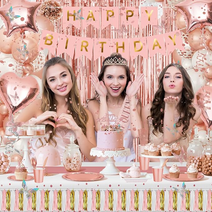 Birthday Decorations for Women or Girl,Rose Gold Balloons Birthday Decorations for Girl Kit Disposable Dinnerware Set with 25 Guest,Banner Balloon,Tiara,Sash,Pump,Photo Props and Butterfly Decorations