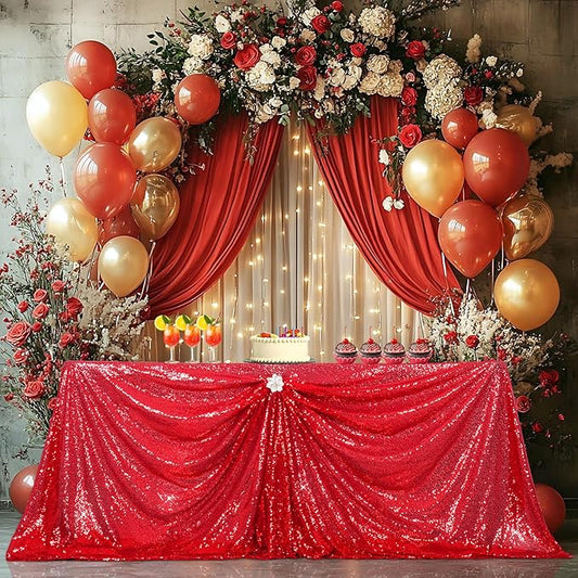 PartyDelight Red Sequin Tablecloth Rectangle 60x102 Shimmer Table Cloths Sparkle Glitter Decorations