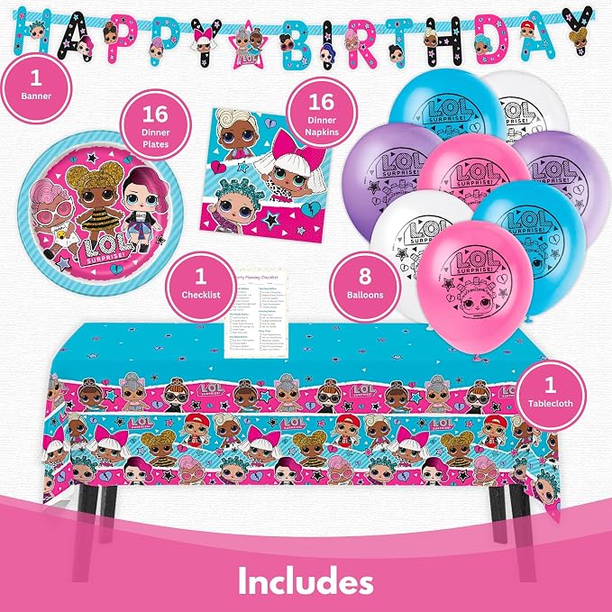 LOL Birthday Party Decorations - 16 Guests LOL Party Pack with Banner, Balloons, Plates, Napkins, Tablecloth, Checklist - Officially Licensed