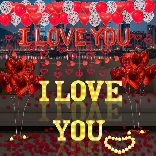 I Love You Light Up Letters Proposal Decorations, 8Pcs 8.5" I Love You Sign, 24Pcs Flameless Candles 2000Pcs Red Fake Rose Petals 8Pcs Letter Balloons 50Pcs Latex Heart Balloon Valentine's Day