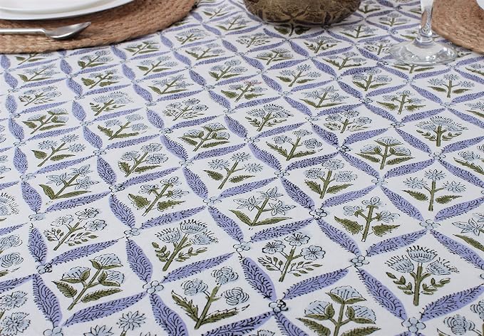 Ridhi Round Tablecloth Hand Block Print 100% Cotton Reusable Light Steel Blue 110 Inch Table Cover Decorative Everyday Use for Dining, Home, Party, Wedding, Farmhouse Gift for Spring, Mother's Day