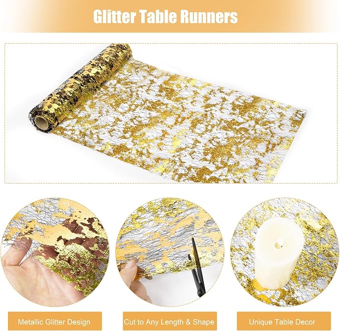 Aneco 12 Pieces Metallic Glitter Table Runner 84 x 11 Inches Black and Gold Glitter Mesh Table Runners Sparkle Rectangle Runner Roll Decorations for Wedding Baby Shower Birthday, DIY Home Decor