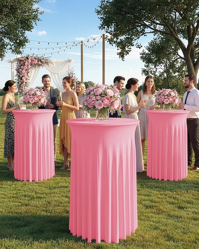 KeyWave Cocktail Table Tablecloth with Skirts - 32x43 Inch Wavy Spandex High Top Cocktail Table Covers, Ruffle Drape Highboy Tablecloth Reusable for Party Wedding Cake Standing Table, Pink, 6 Pack