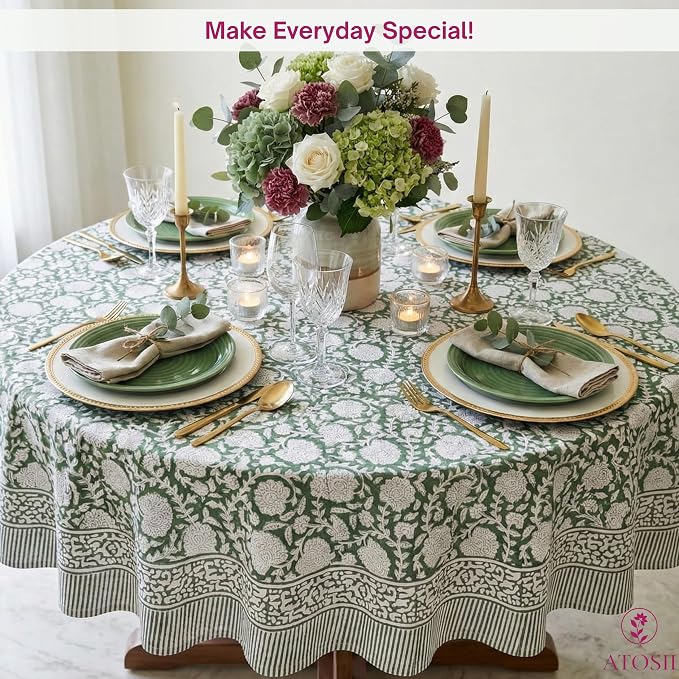 ATOSII Shalimar Green 100% Cotton Round Boho Fall Tablecloth, Handblock Floral Table Cloth Linen for Kitchen Dining I Parties Wedding Outdoors Christmas Thanksgiving I Fall Home Decor 72" Inches Round
