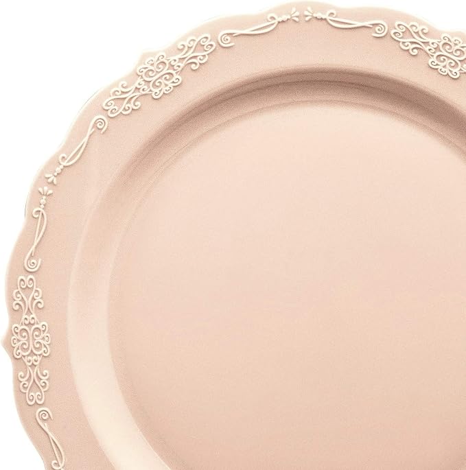 " OCCASIONS " 240 Plates Pack,(120 Guests) Vintage Wedding Party Disposable Plastic Plates Set -120 x 10'' Dinner + 120 x 7.5'' Salad / Dessert (Verona in Blush / Antique Rose)