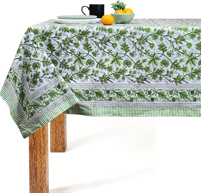 Light Green Block Print Table Cloth- 60x90 Inch Rectangle 100% Cotton Handmade Pre-Shrink, Washable for Spring, Kitchen & Dining Perfect for Chirstmas, Patio, Indoor & Outdoor, Farmhouse