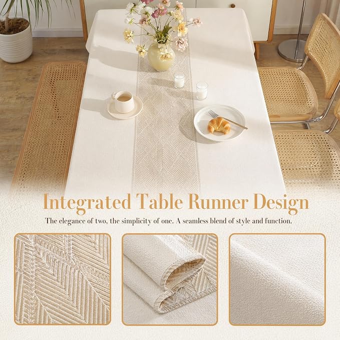 Nordic Faux Linen Tablecloth, Rectangle Modern Cream Beige Cover | Stain Resistant & Spillproof Minimalist Solid Table Cloth for Kitchen Dining Room Dinner Decor