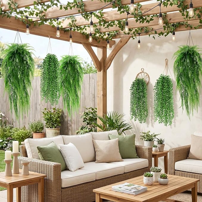 Daifunli 12 Pcs Artificial Hanging Plants Fake Hanging Ferns Plastic Fake Plant for Wall Room Garden Garland Indoor Outdoor Decor No Basket (Boston Ferns,String of Pearls)