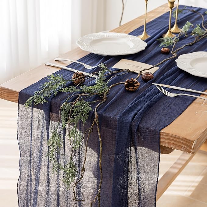 Keketoarrange 6pcs Navy Gauze Rustic Cheesecloth Table Runner 120 Inch 10 FT for Wedding Baby Shower Bridal Shower Birthday Engagement Garden Outdoor Party Long Sheer Boho Decorations