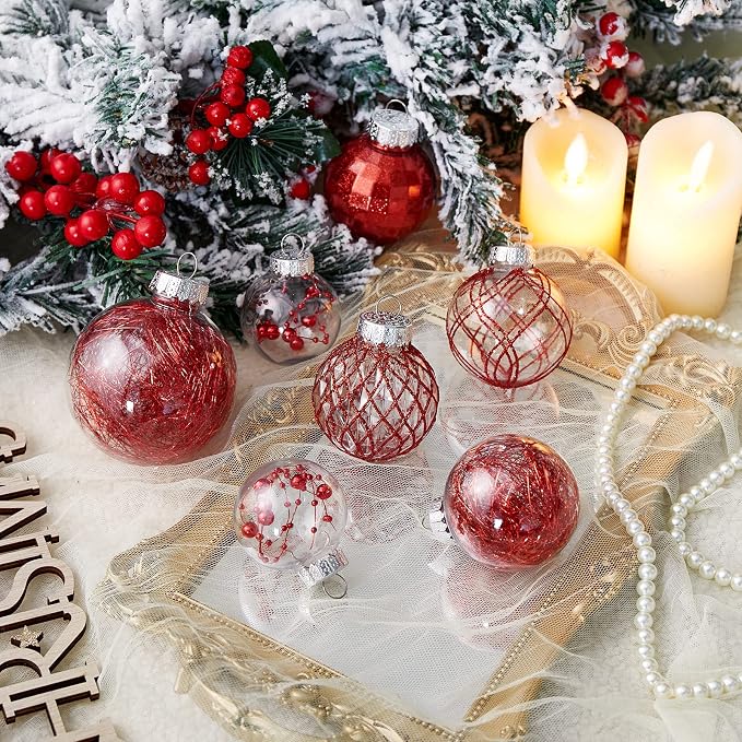 CristBest 30ct Christmas Ball Ornaments-60mm/2.36" Shatterproof Clear Plastic Xmas Balls Baubles Set with Stuffed Delicate Sparkling, Hanging Christmas Tree Decorations(Red)