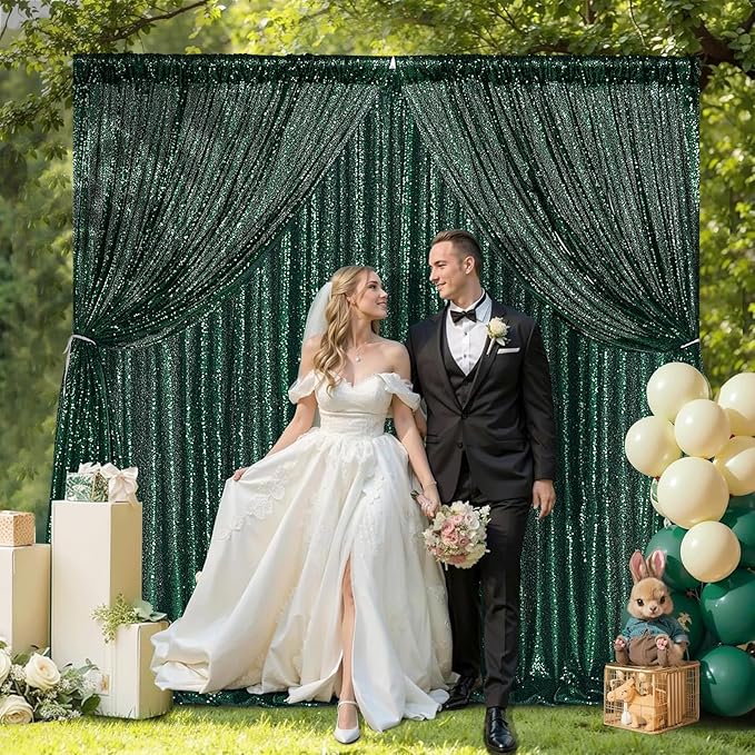B-COOL Set of 6 Panels 2ftx8ft Emerald Green Sequin Backdrop Sparkle Background Curtains Fabric Glitter Backdrop for Party Ceremony Wedding Birthday Decoration
