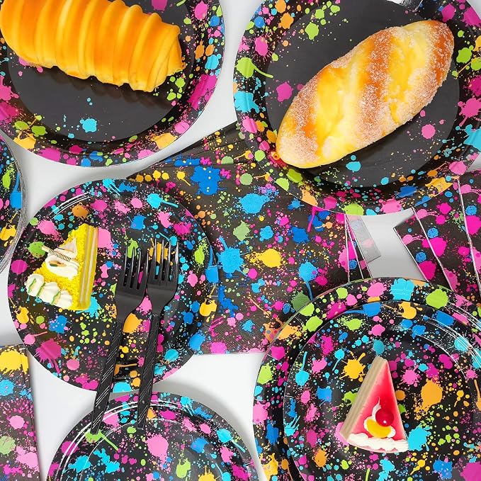 Neon Party Supplies for 24 Guests Neon Plates and Napkins Tableware Set Glow Disposable Paper Dinnerware Colorful Graffiti Birthday Party Decoration Favor Birthday Baby Shower Celebration，96 Pieces