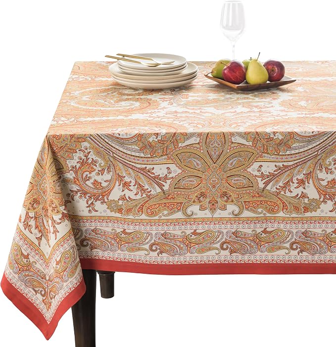 Maison d' Hermine Table Cloth Rectangle Table 100% Cotton 70 x 90 Inches Fall Tablecloth Reusable Everyday Use for Thanksgiving Christmas Decorations Dining Farmhouse Party (Kashmir Paisley)