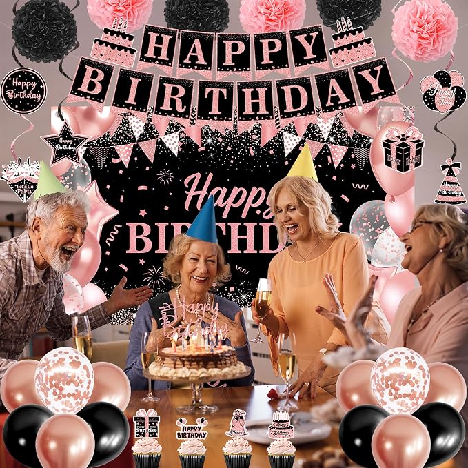 DARUNAXY Rose Gold Birthday Party Decorations Set | Happy Birthday Banner & Sash, Balloons Pom Poms Cake Topper Hanging Swirl Decor, Birthday Gifts Party Supplies for Women Girl