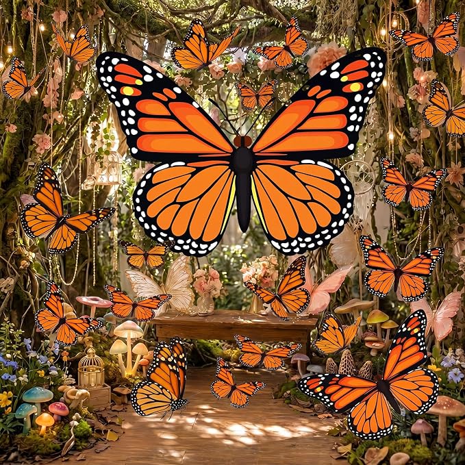 Tingjoo 21 Pcs Large Butterfly Decorations Kit 3D Monarch Butterfly Party Backdrop Decorations and 20 Pcs Hanging Butterflies Photo Booth Props for Baby Shower Wedding Garden Birthday Party