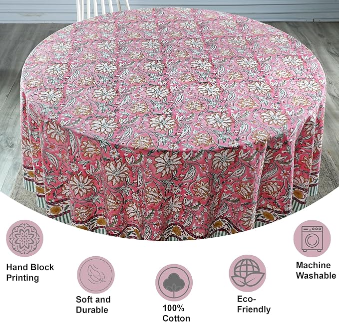 Ridhi Round Tablecloth Hand Block Print 100% Cotton Reusable Candy Pink 132 Inch Table Cover Decorative Everyday Use for Dining, Home, Party, Wedding, Farmhouse, Party Gift for Spring, Mother's Day