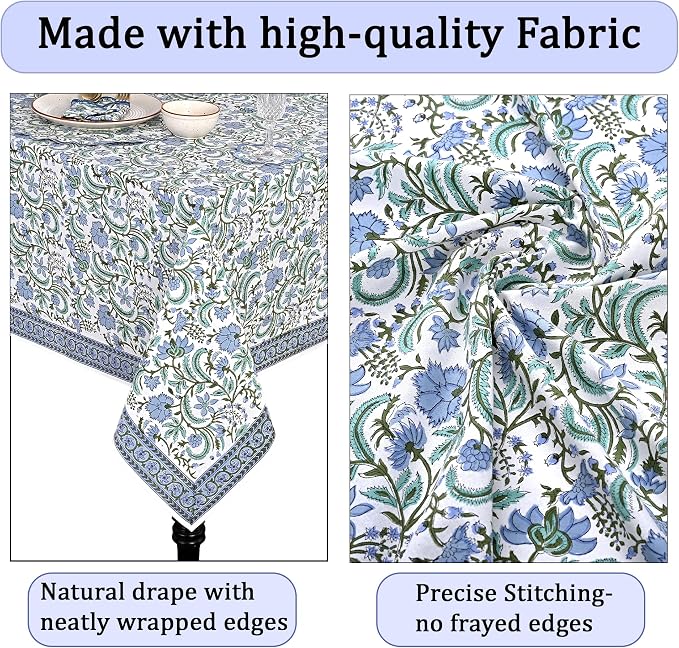 Ridhi Columbia Blue Hand Block Print Cotton Rectangle Tablecloth 140" x 72" inches Reusable Table Cover Decorative Everyday Use for Dining Room, Farmhouse, Home Gift for Spring, Mother's Day