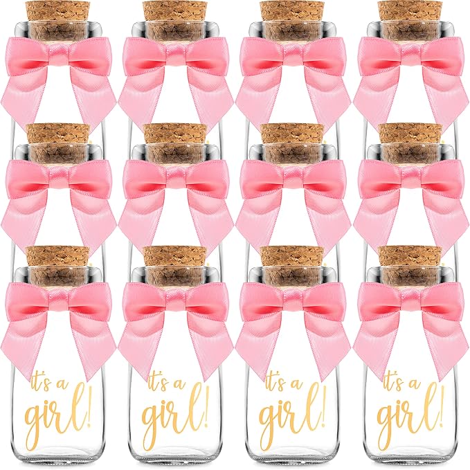 Ethisa Vintage 12 Pack It's a Girl Milk Glass Bottles with Ribbons and Stickers - Classy Baby Shower Favors for Guests and Table Centerpieces - Gender Reveal Girl Decorations - Baby Shower Candy Jar