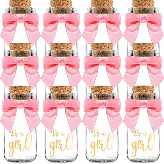 Ethisa Vintage 12 Pack It's a Girl Milk Glass Bottles with Ribbons and Stickers - Classy Baby Shower Favors for Guests and Table Centerpieces - Gender Reveal Girl Decorations - Baby Shower Candy Jar