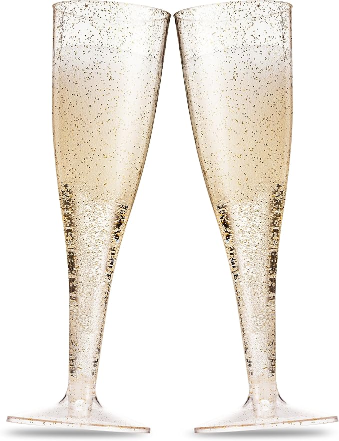 Munfix 100 Plastic Champagne Flutes - 5 Oz Disposable Gold Glitter Champagne Glasses for Parties, Mimosa Bar, Events, Wedding and Shower Party Supplies - Toasting Cocktail Cups