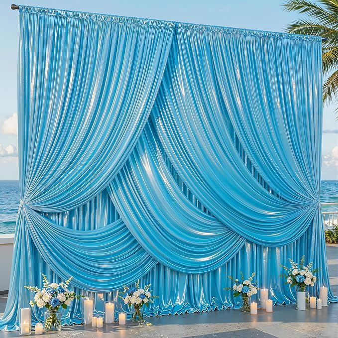 30x10ft Sky Blue Glitter Backdrop Curtain for Parties, Wrinkle Free Satin Photo Backdrop Drapes 6 Panels 5x10FT Shimmer Back Drop Cloth for Wedding Birthday Baby Shower Photography Background Decor