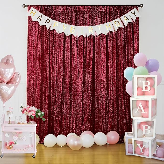Sugargirl Burgundy Sequin Backdrop Curtain 2 Panels 2FTx8FT Glitter Burgundy Background Drapes Sparkle Photography Backdrop for Party Wedding Birthday Wall Decoration