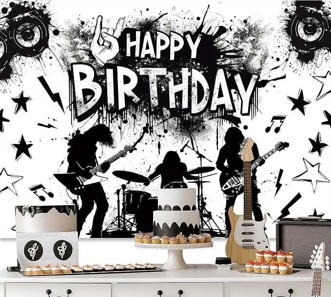Rock and Roll Backdrop Music Themed Guitar Drum Silhouette Musical Notes Symbols Themed Birthday Party Photography Background Decoration Modern Cool Fabric Photo Shoot Studio Props