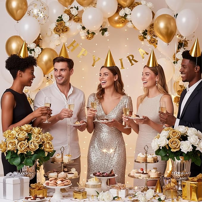 Auihiay 104PCS Gold Rose Artificial Flowers, Fake Roses, Lifelike Gold Roses Banquet for Wedding Centerpieces, Bridal Shower Bouquets, Home Decor, Mother's Day, Birthday, Valentine's Day Decoration
