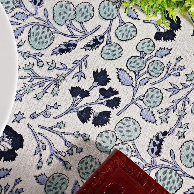 Ridhi Round Tablecloth Hand Block Print 100% Cotton Reusable Denim Blue 132 Inch Table Cover Decorative Everyday Use for Dining, Home, Party, Wedding, Farmhouse, Party Gift for Spring, Mother's Day