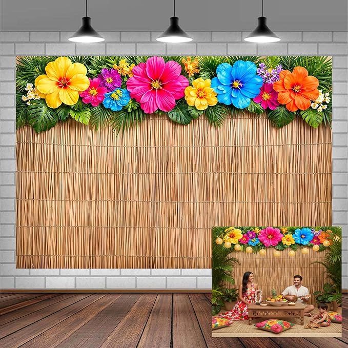 12x10ft Tropical Hawaiian Reed Backdrop, Summer Beach Hibiscus Flower Luau Party Vinyl Photograph Background with Palm Leaves for Aloha Bar Decor, Photoshoot, Birthday Party Supplies