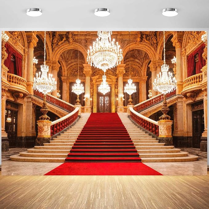 10x8ft Luxurious Palace Backdrop European Golden Hall Red Carpet Interior Chandelier Staircase Photography Background Old Church Castle Wedding Bridal Shower Anniversary Party Decor Banner