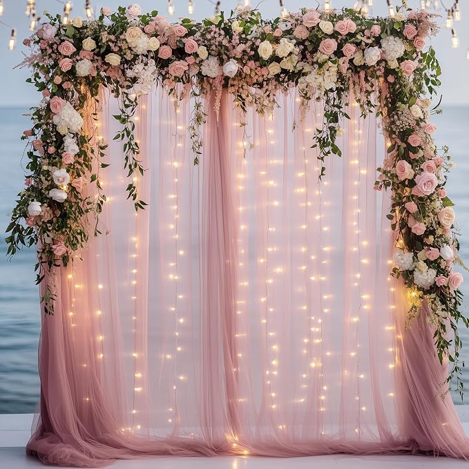 Fomcet Dusty Rose Tulle Backdrop Curtains with Lights String 10FT X 8FT Sheer Curtain with Lights Tulle Curtains Backdrop for Wedding Birthday Party Photo Shoot (2 Panels 5x8FT)
