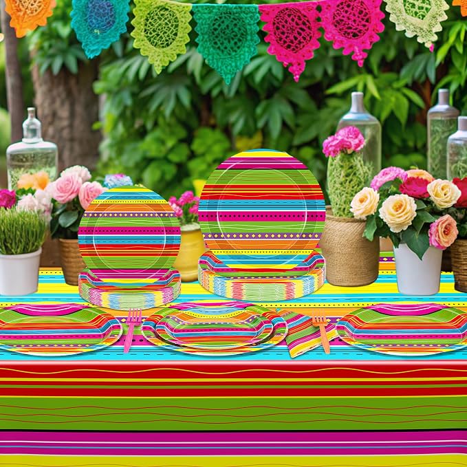 122 Pcs Cinco De Mayo Napkins and Plates, Disposable Dinnerware Fiesta Paper Plates and Napkins Sets for 30 Guests, Colorful Plastic Fork Mexican Stripes Tablecloth for Taco Birthday Party Favors
