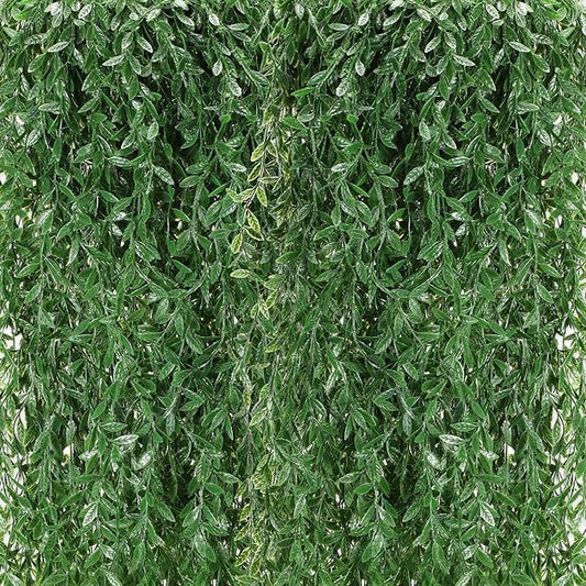 Riceshoot 48 Pcs Artificial Hanging Vines Fake Weeping Willow Leaves Decor Fake Seaweed Artificial Vines Greenery Garland for Wedding Party Backdrop Wall Decor Garden Patio Backyard (Dark Green)