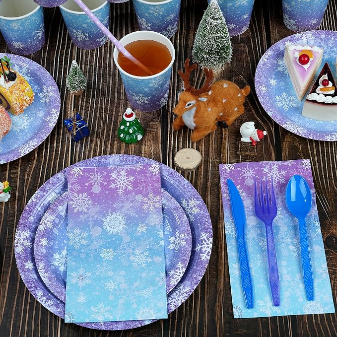 Winter Snowflake Paper Plates and Napkins Set, Blue and Purple Snowflake Winter Wonderland Disposable Tableware for Christmas Winter Holiday New Year Birthday Party Supplies Decorations, Serve 25