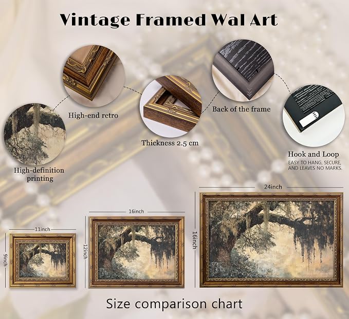 Vintage Gold Framed Vintage Oak Tree Wall Art Retro Landscape Canvas Wall Decor Oak Tree Moss Artwork Picture Retro Rustic Tree Poster Print for Home Living Bedroom Farmhouse Hallway