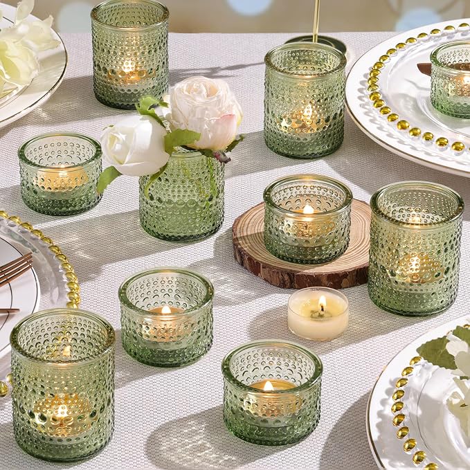 30 Pack Green Votive Candle Holders, Glass Tealight Holders for Wedding Table Centerpiece, Baby Shower, Birthday Party, Summer & Everyday Home Decor